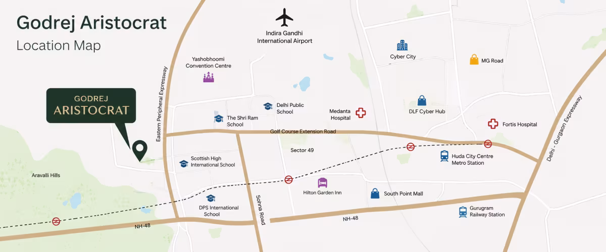 Map showing the location of Godrej Aristocrat in Golf Course Extension Road, Gurgaon