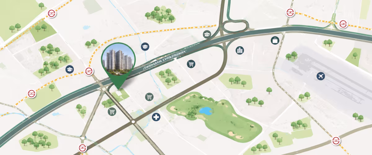 Map showing the location of DLF The Grove Dwarka in Dwarka, Delhi